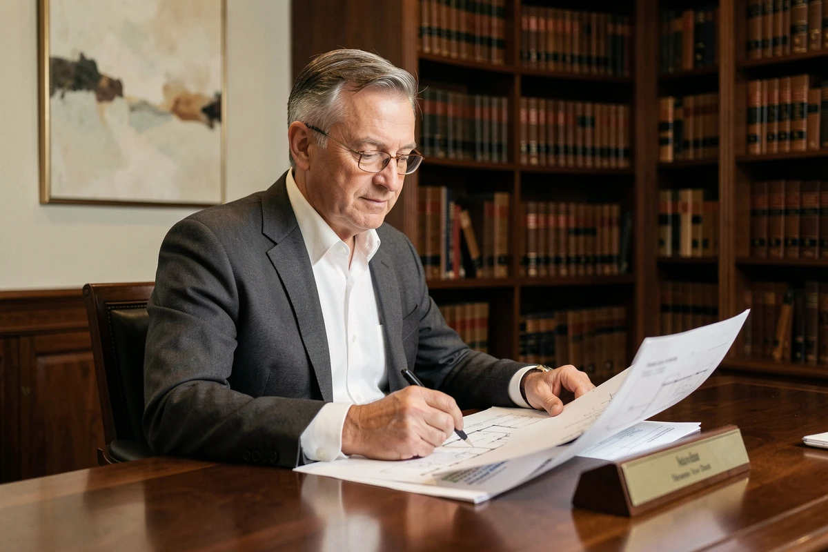 Conseiller en estimation immobilière de prestige examinant des documents confidentiels dans un bureau luxueux