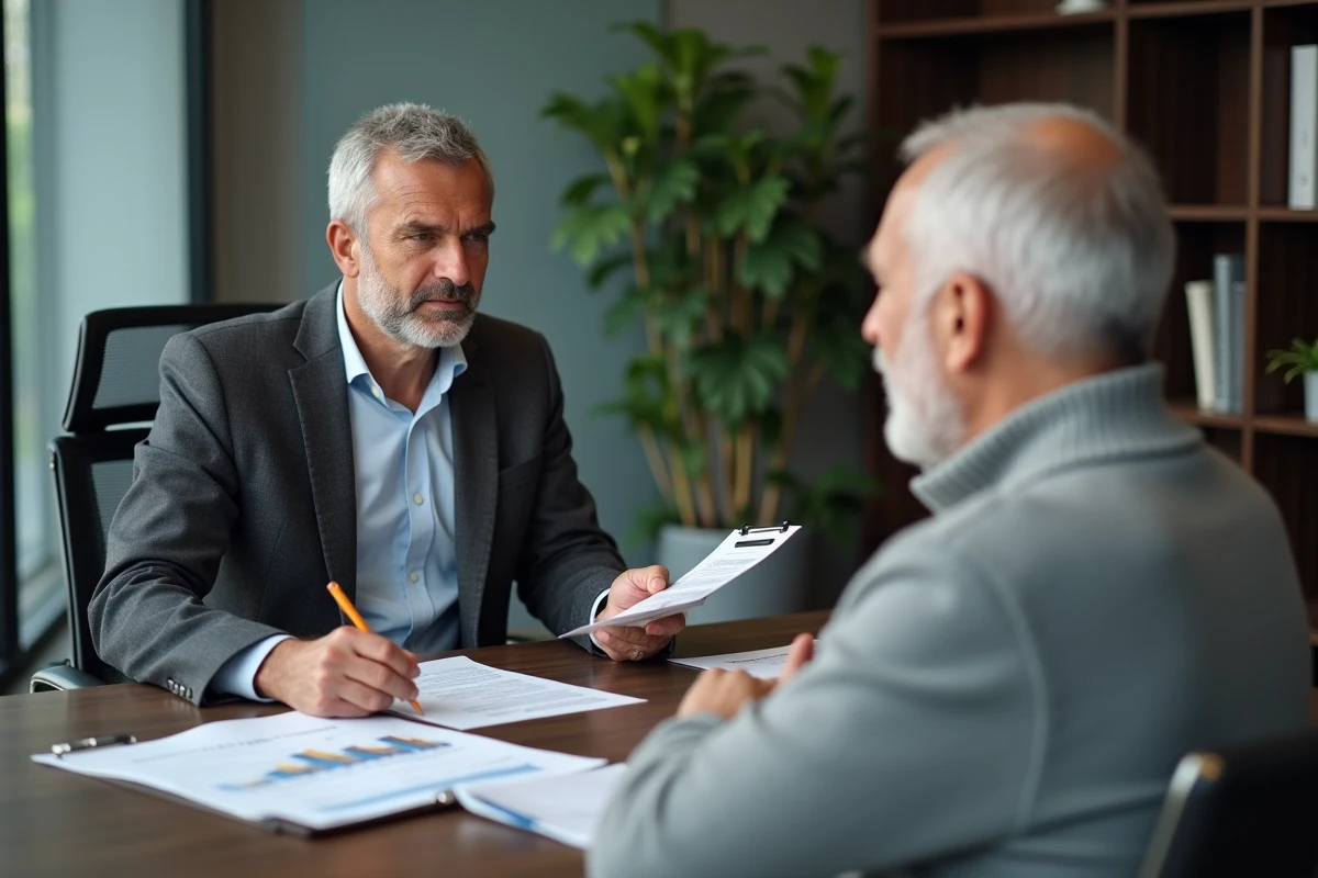 Conseiller financier et client senior discutant d'une simulation de viager dans un bureau professionnel