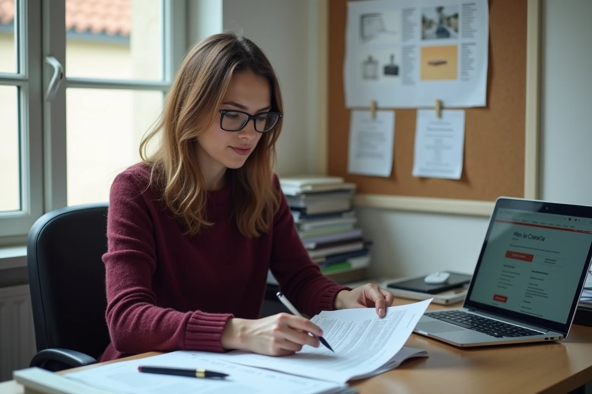 Femme consultant un catalogue de vente aux enchères de boxes abandonnés dans un bureau administratif en France