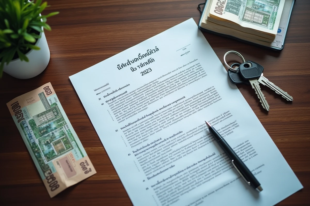 Contrat immobilier thaïlandais avec clés de maison, billets en baht et cartes de Bangkok et Chiang Mai sur un bureau en noyer