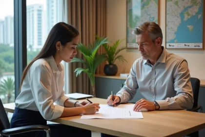Agent immobilière thaïlandaise et expatrié occidental signant un contrat de location longue durée dans une agence immobilière moderne de Bangkok