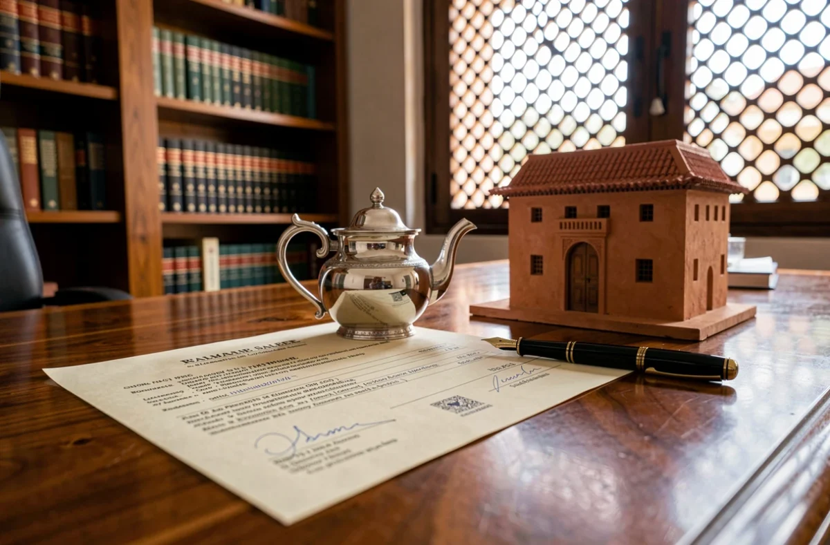 Bureau de notaire à Marrakech avec contrat de vente immobilière signé et service à thé marocain traditionnel