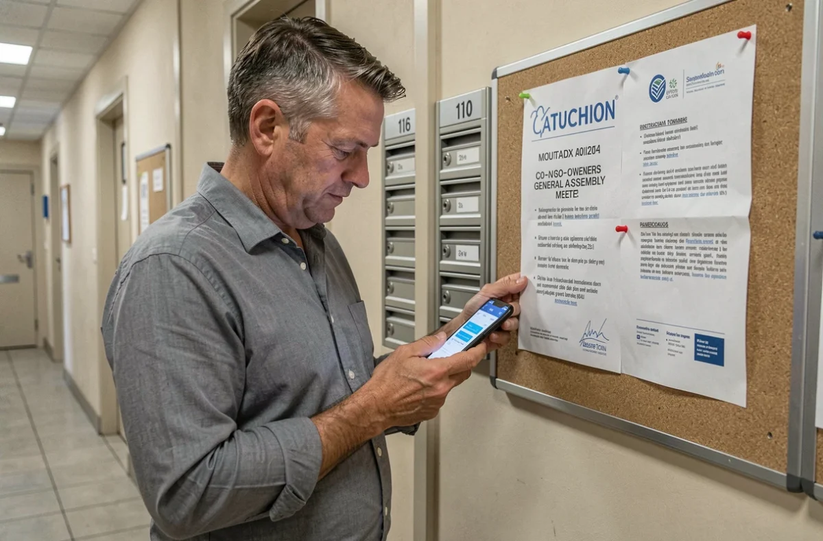 Copropriétaire consultant une convocation d'assemblée générale dans le couloir d'une résidence avec son smartphone