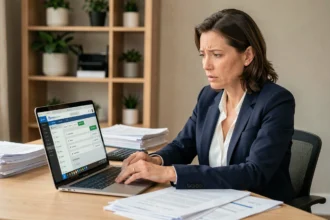 Copropriétaire débordée consultant le portail MyFoncia sur son ordinateur portable dans un bureau à domicile moderne