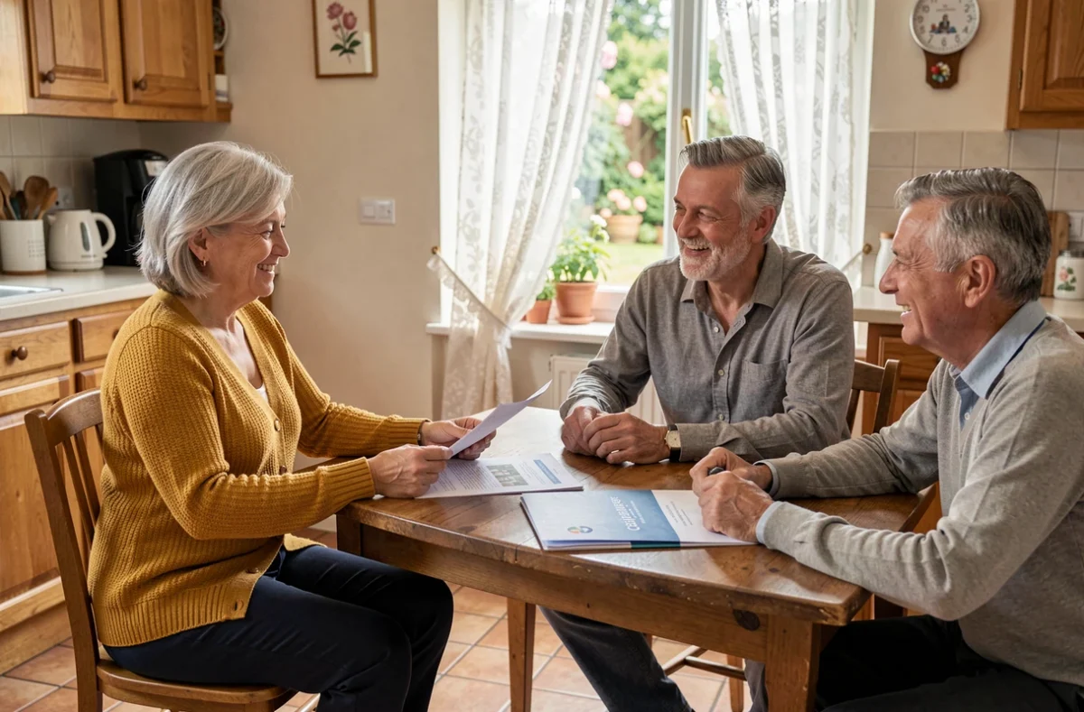 Conseillère Côté Particuliers échangeant avec un couple vendeur autour d'un dossier immobilier à domicile