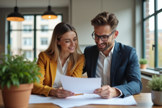 Jeune couple discutant de prêt immobilier dans une cuisine moderne