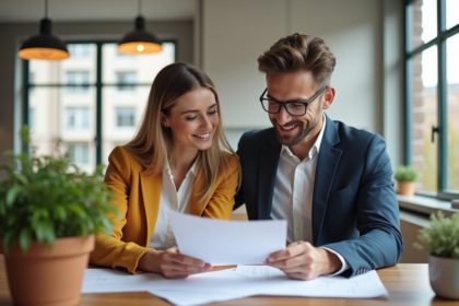 Jeune couple discutant de prêt immobilier dans une cuisine moderne