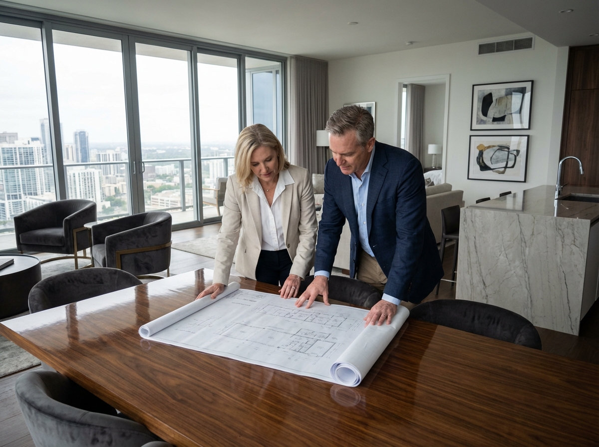 Couple d adultes analysant des plans dans un penthouse moderne