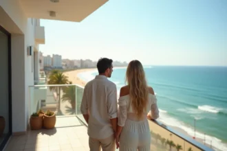 Couple marocain regardant l'océan depuis un balcon moderne