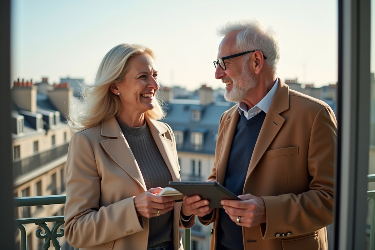 Couple mature discute sur balcon avec vue sur Paris