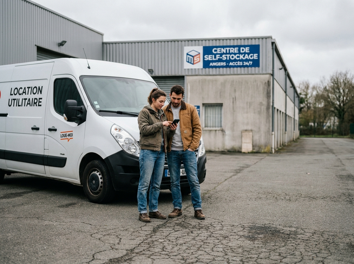 Couple consultant une liste sur smartphone devant un camion de déménagement devant un garde-meuble à Angers