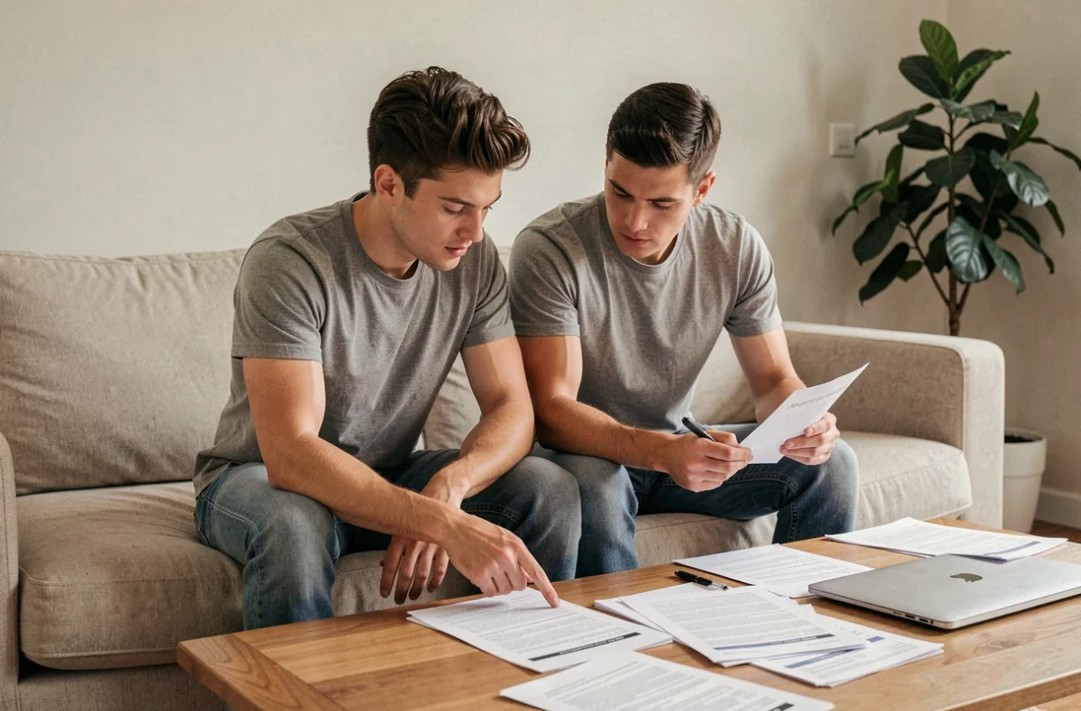 Couple examinant ensemble des documents de devis d'assurance habitation dans leur salon