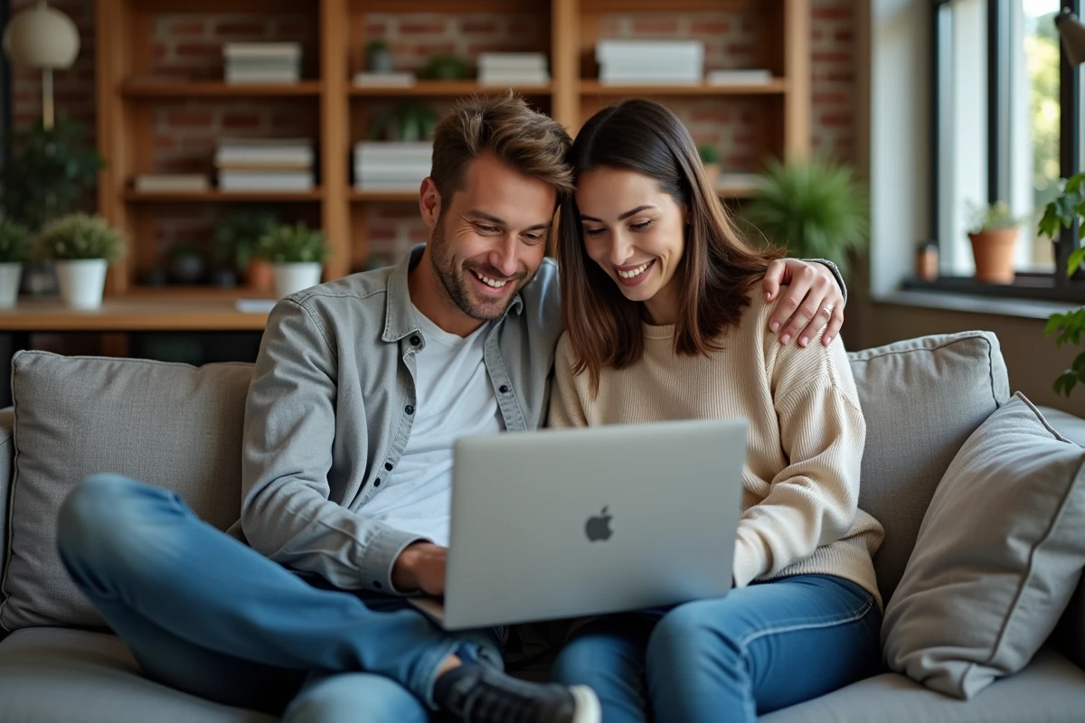 Couple comparant les prix d'une visite virtuelle immobilière 360 sur ordinateur portable à la maison