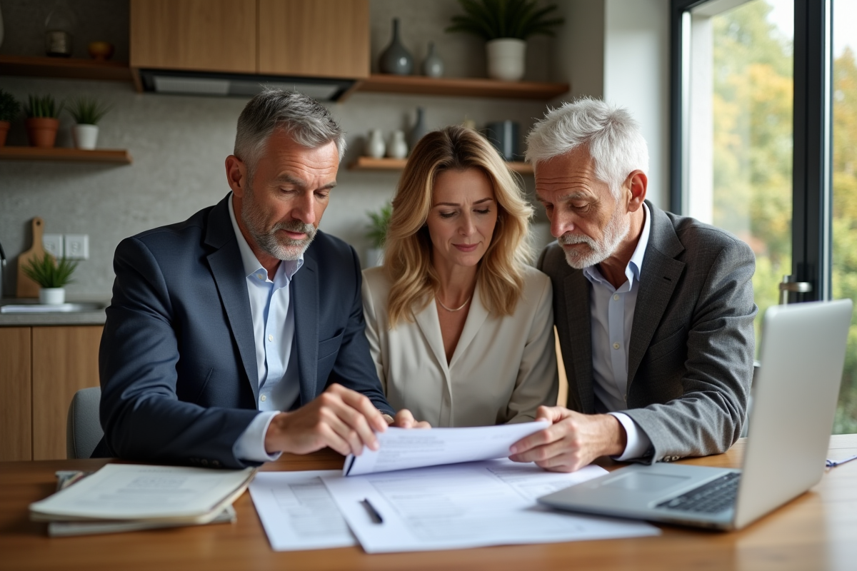 Couple de middleaged discutant avec un conseiller immobilier dans une cuisine moderne