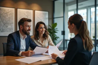 Couple discutant d'un investissement immobilier avec un conseiller Orpi dans une agence parisienne moderne
