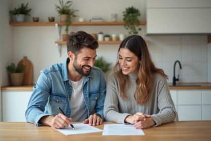 Jeune couple examine un contrat de location dans une cuisine moderne