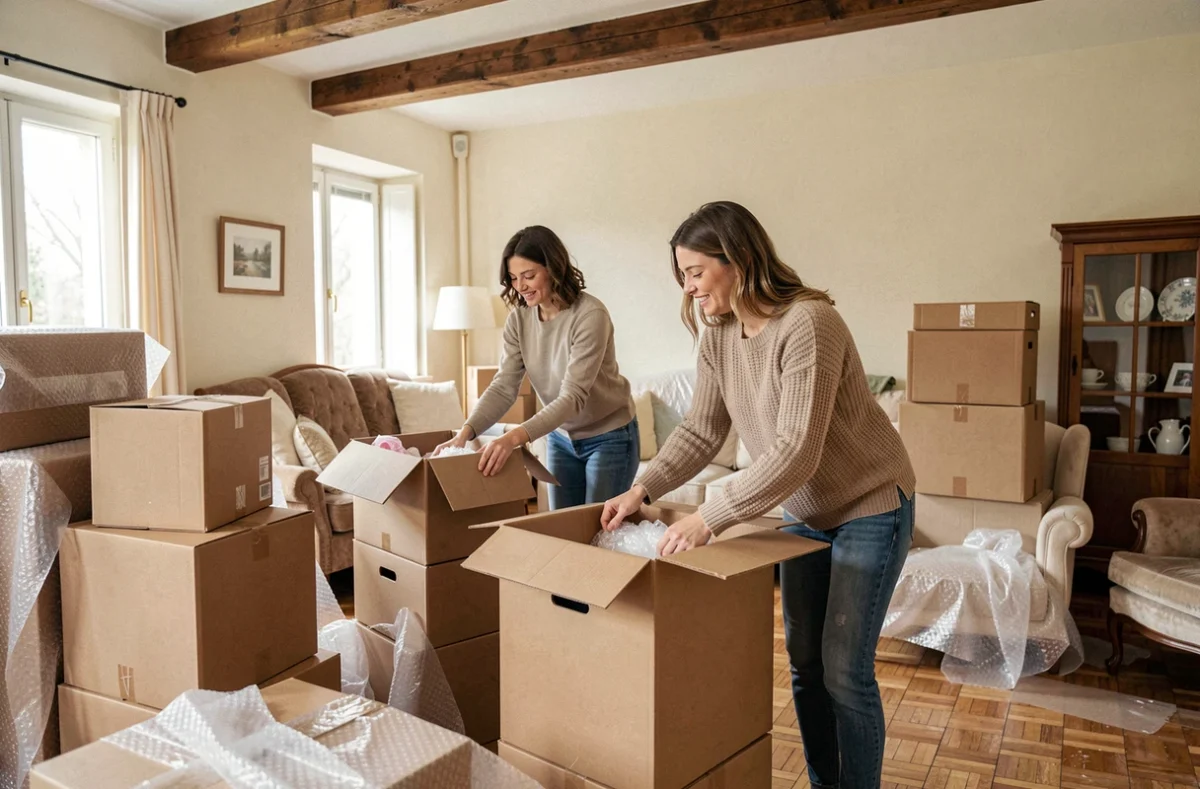 Couple emballant des cartons de déménagement dans une maison à louer dans l'Eure, préparation d'un déménagement en 2026