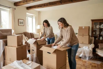 Couple emballant des cartons de déménagement dans une maison à louer dans l'Eure, préparation d'un déménagement en 2026