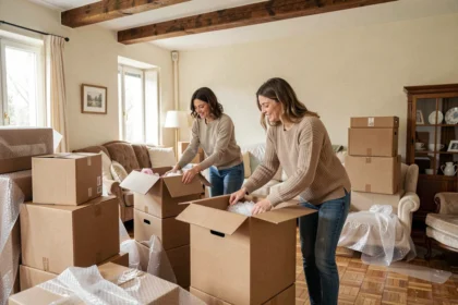 Couple emballant des cartons de déménagement dans une maison à louer dans l'Eure, préparation d'un déménagement en 2026