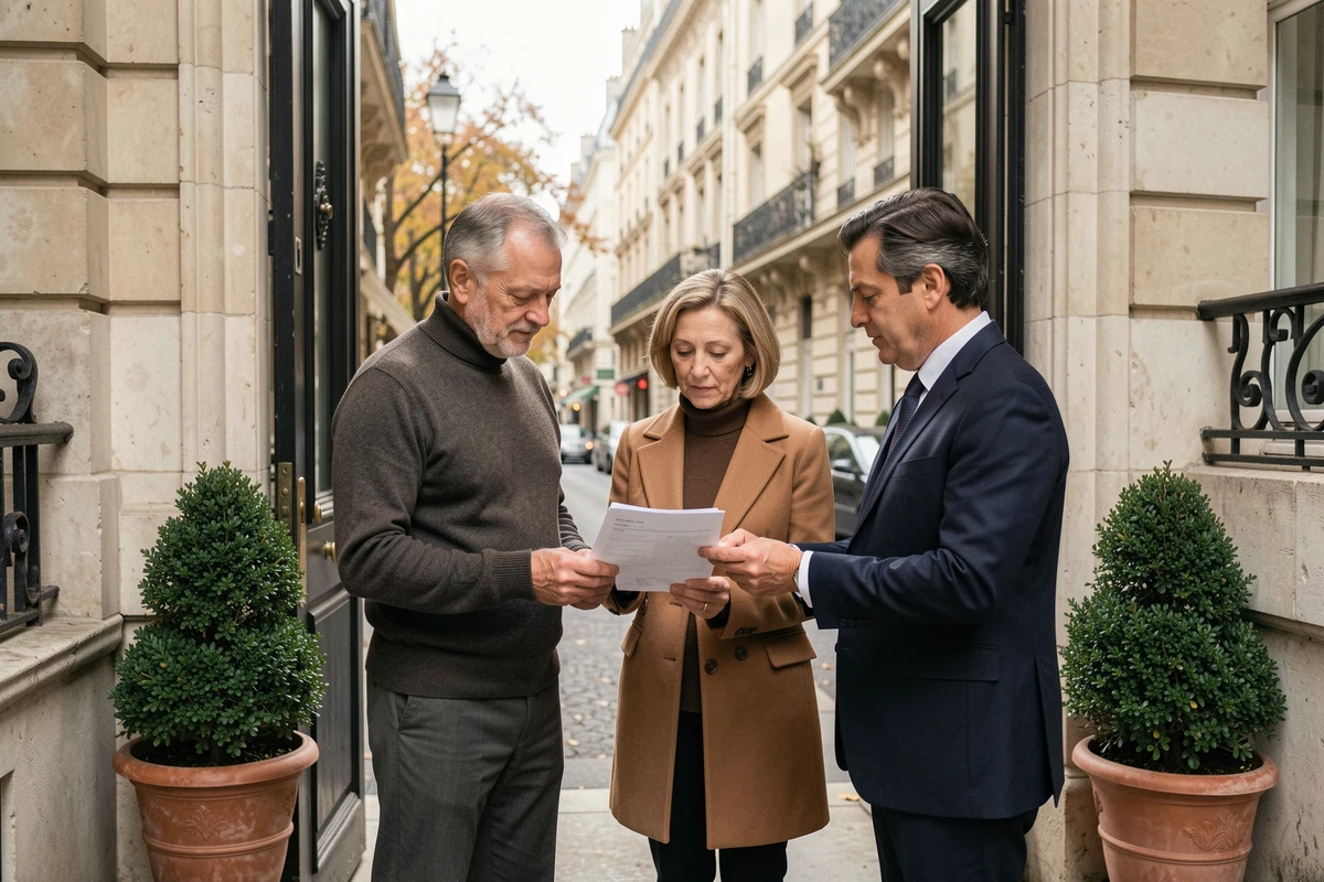 Couple aisé consultant discrètement une estimation immobilière confidentielle devant un immeuble de prestige parisien
