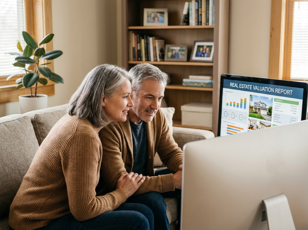 Couple évaluant le prix de leur maison grâce à un outil d'estimation immobilière en ligne