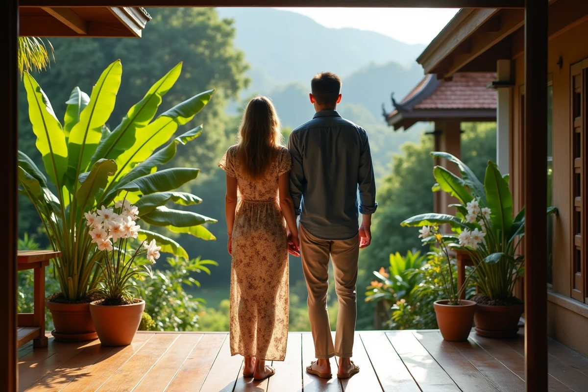 Couple d'expatriés occidentaux devant une maison traditionnelle en teck entourée de végétation tropicale à Chiang Mai en Thaïlande