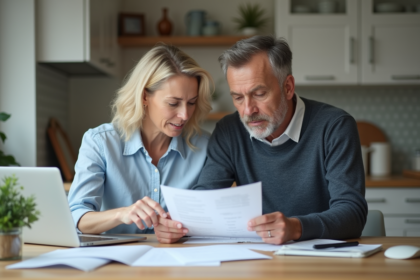 Couple d'âge moyen examinant des documents financiers à la maison