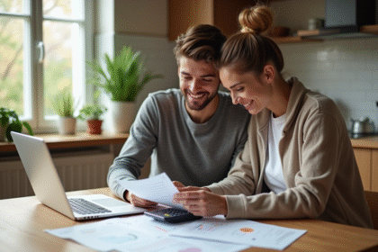 Jeune couple souriant en gestion financière à la maison