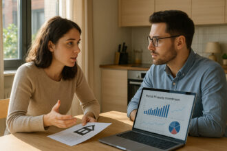Jeune couple discutant investissement immobilier à la maison
