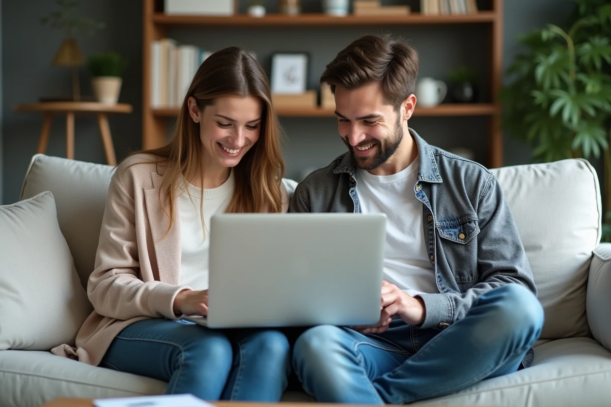 Couple rédigeant ensemble une lettre de motivation pour louer un appartement sur ordinateur portable