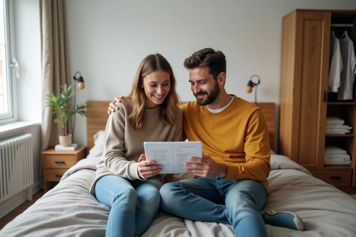 Couple consultant la liste de mobilier d'une chambre en location meublée