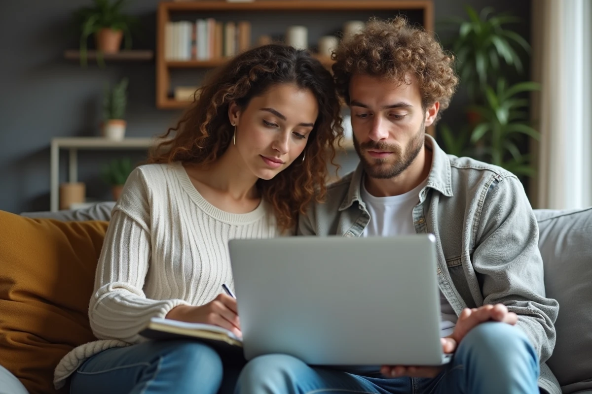Couple de locataires analysant ensemble la liste des charges locatives sur un ordinateur portable
