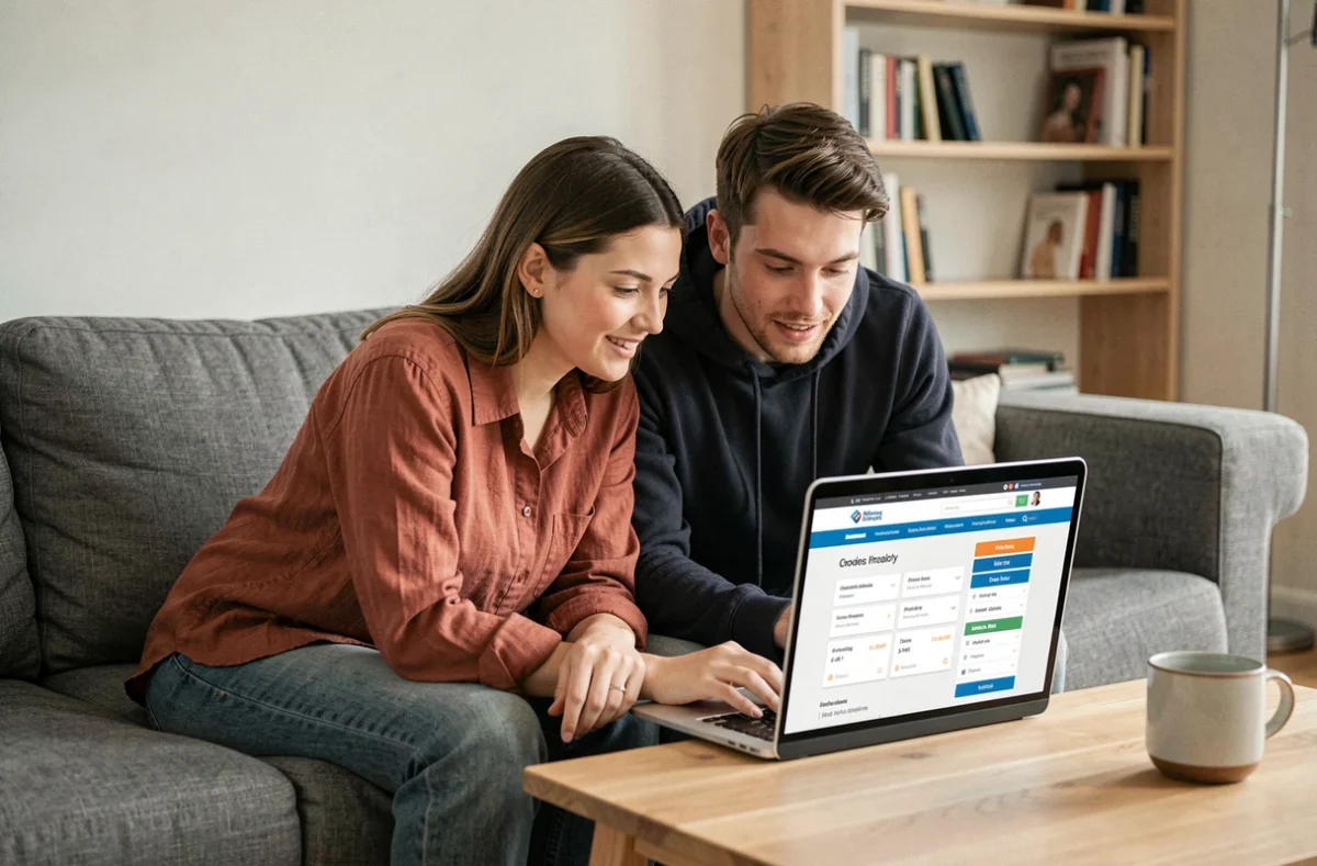 Couple de locataires comparant les prix d'une assurance loyer impayé sur un ordinateur portable