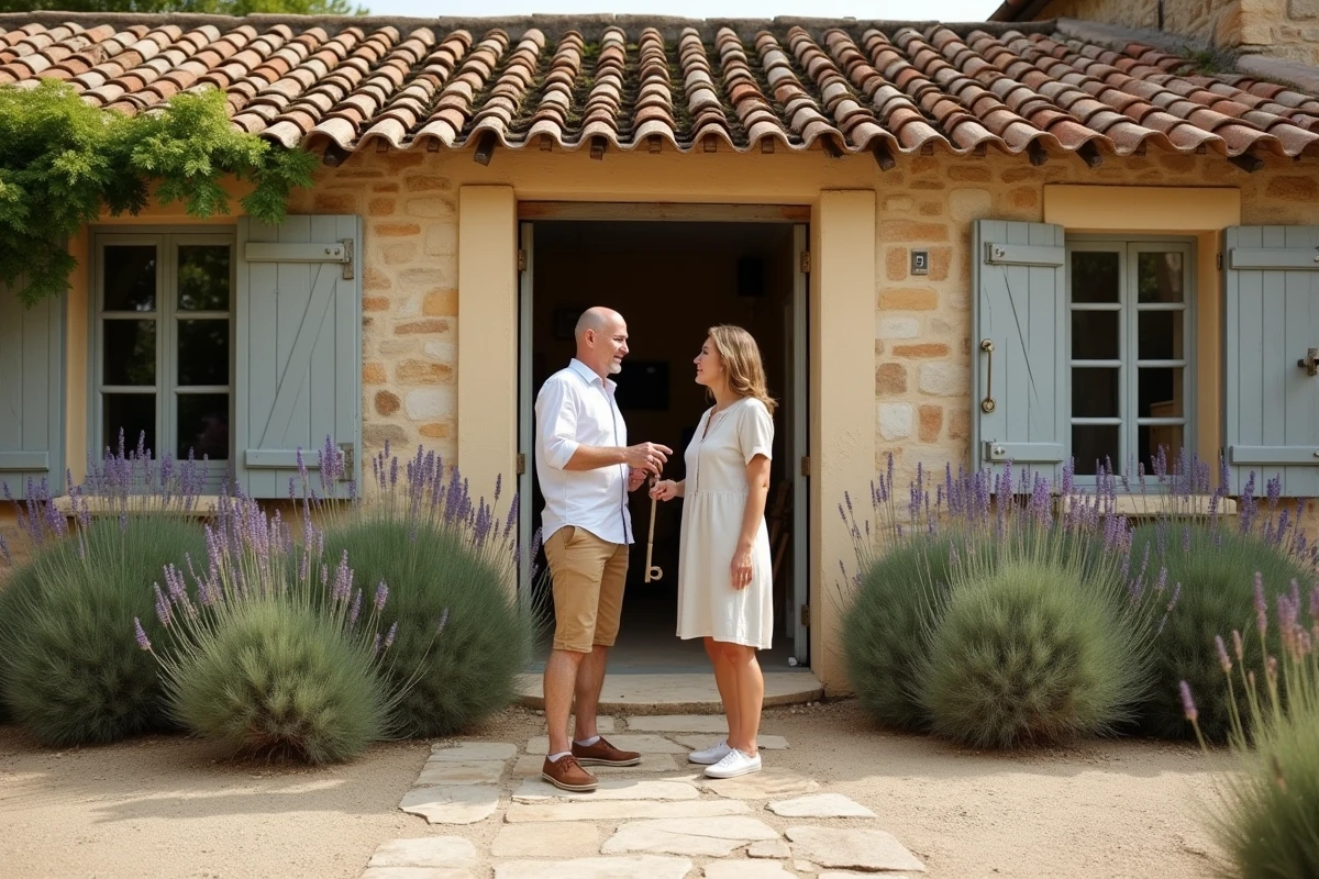 Couple tenant une clé devant une maison abandonnée en pierre à donner en Provence