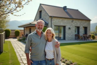 Couple souriant devant maison moderne avec jardin
