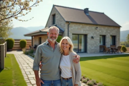 Couple souriant devant maison moderne avec jardin