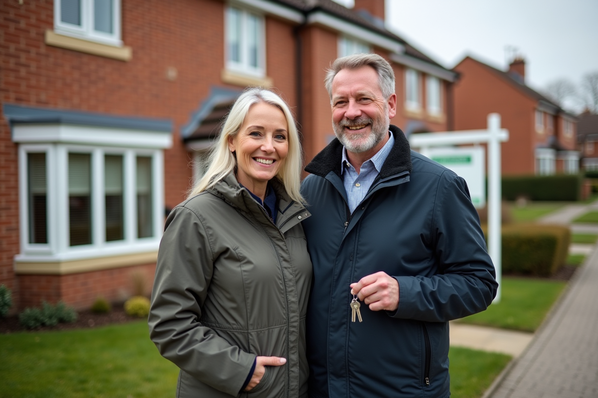 Couple souriant devant une maison à vendre avec clés en main