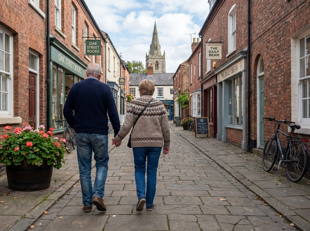Couple de seniors marchant dans une rue piétonne charmante