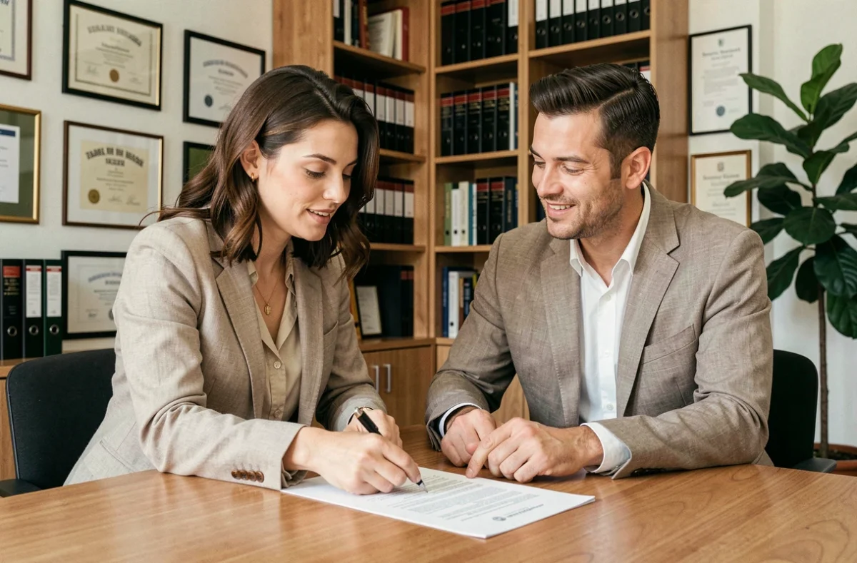 Couple consultant des documents chez un notaire pour leur projet de construction neuve
