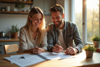 Couple souriant organisant documents importants à la maison