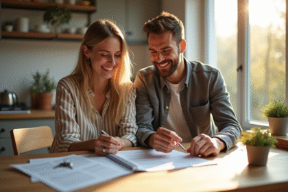 Couple souriant organisant documents importants à la maison