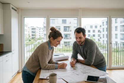 Jeune couple suisse examine des plans dans un appartement moderne