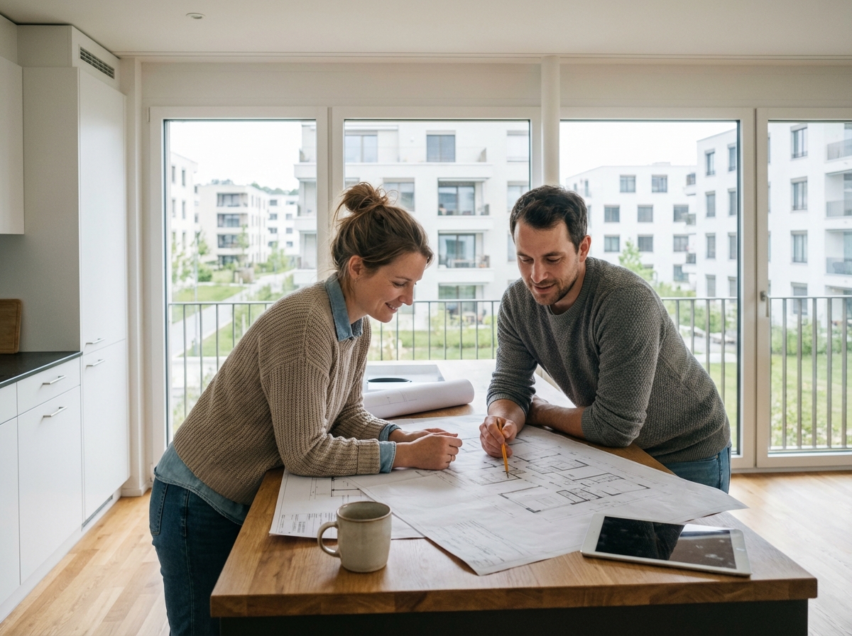 Jeune couple suisse examine des plans dans un appartement moderne