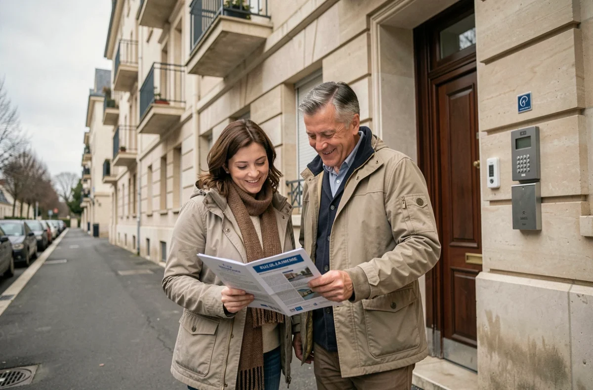 Couple de propriétaires devant un immeuble résidentiel à Puteaux tenant une brochure d'assurance habitation
