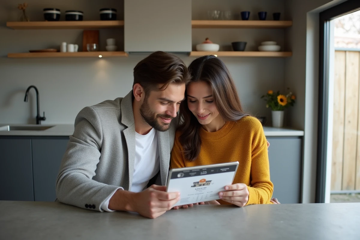 Couple de propriétaires à Lyon consultant ensemble une estimation de loyer sur tablette dans une cuisine rénovée contemporaine