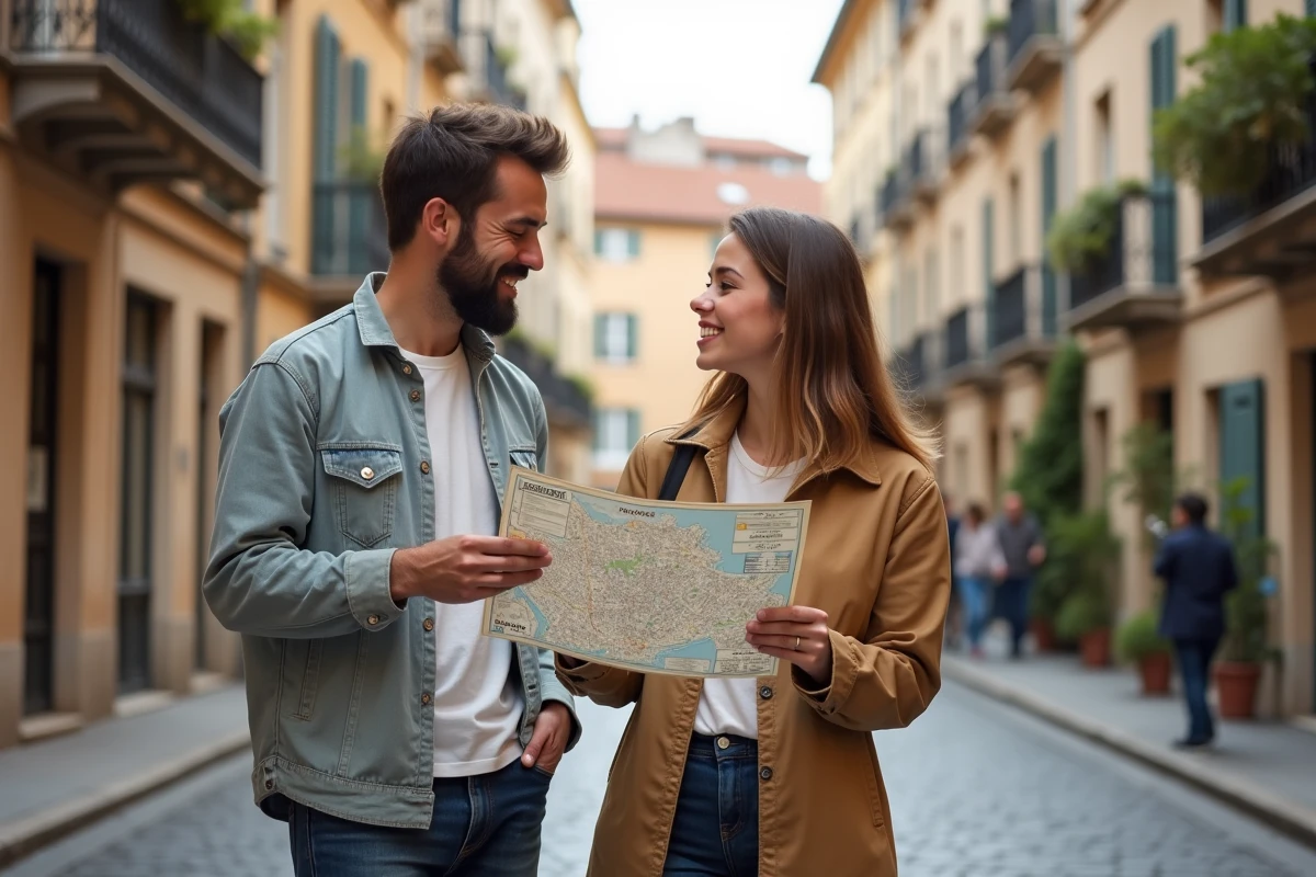 Couple consultant un plan de quartier dans une rue typique de Lyon pour choisir leur nouveau logement