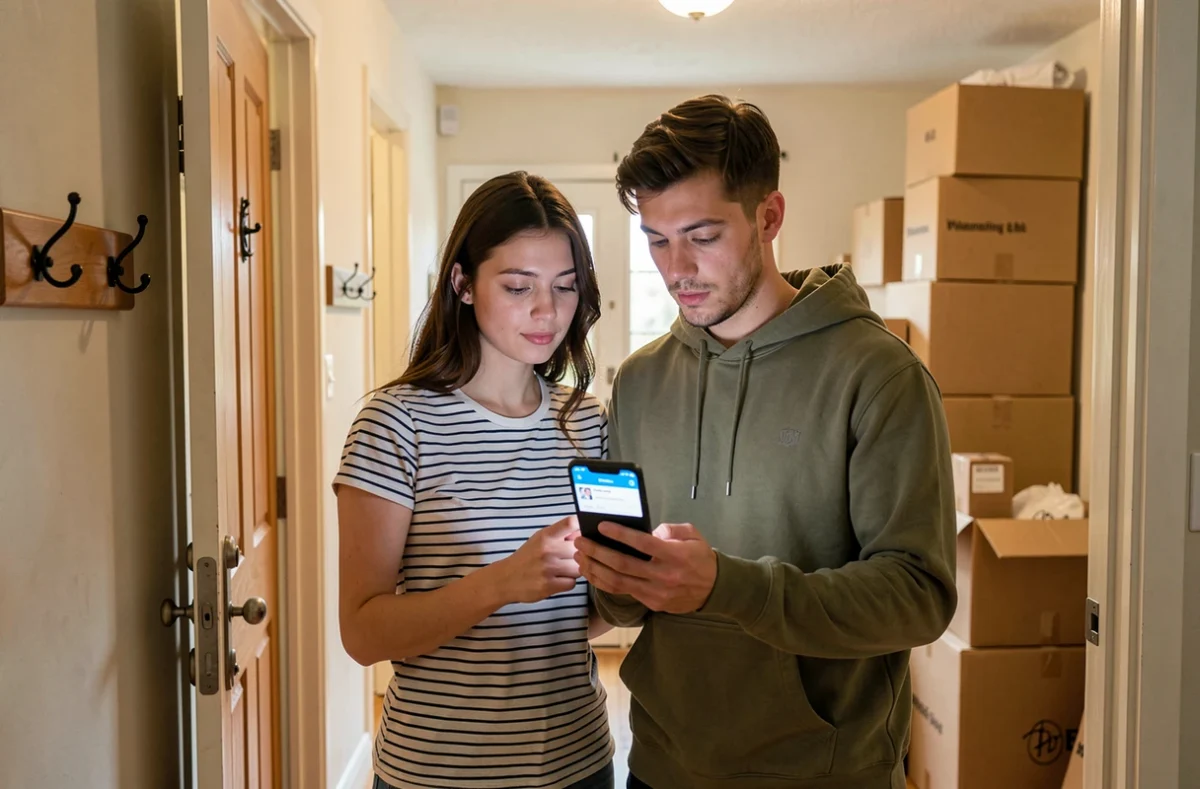 Couple consultant une application d'assurance habitation sur smartphone lors d'un déménagement