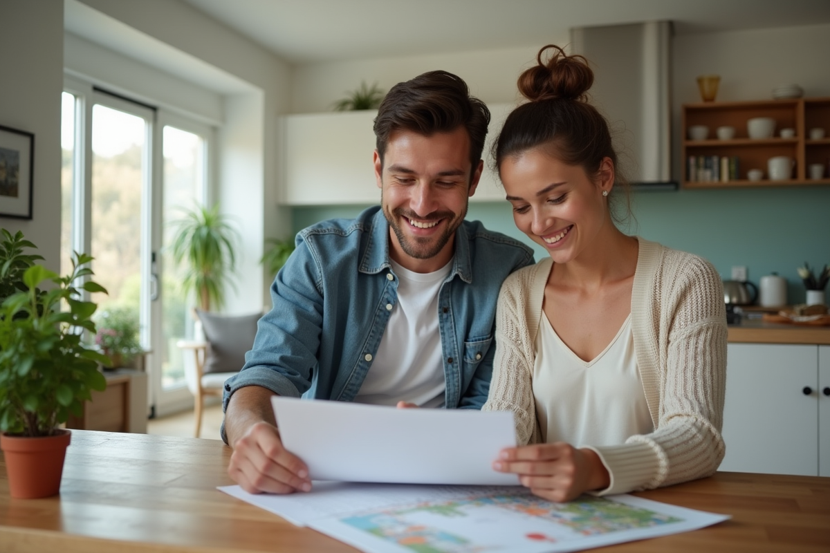 Jeune couple examinant un dossier touristique à la maison
