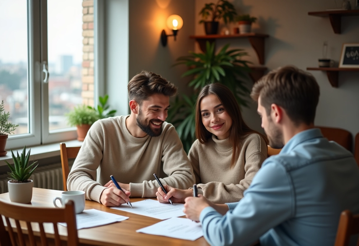 Jeune couple signant un contrat de prêt immobilier à la maison