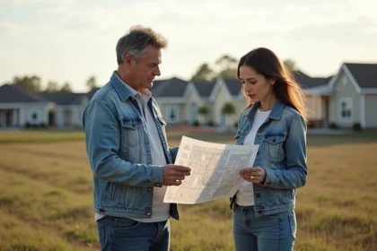 Couple de middleaged sur terrain en développement